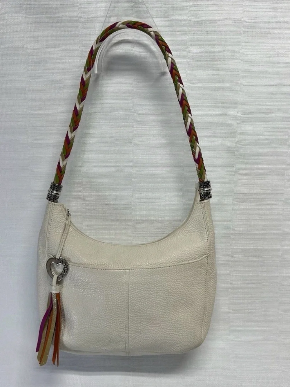 Brighton Cream Leather Shoulder Bag with Multicolor Braided Strap